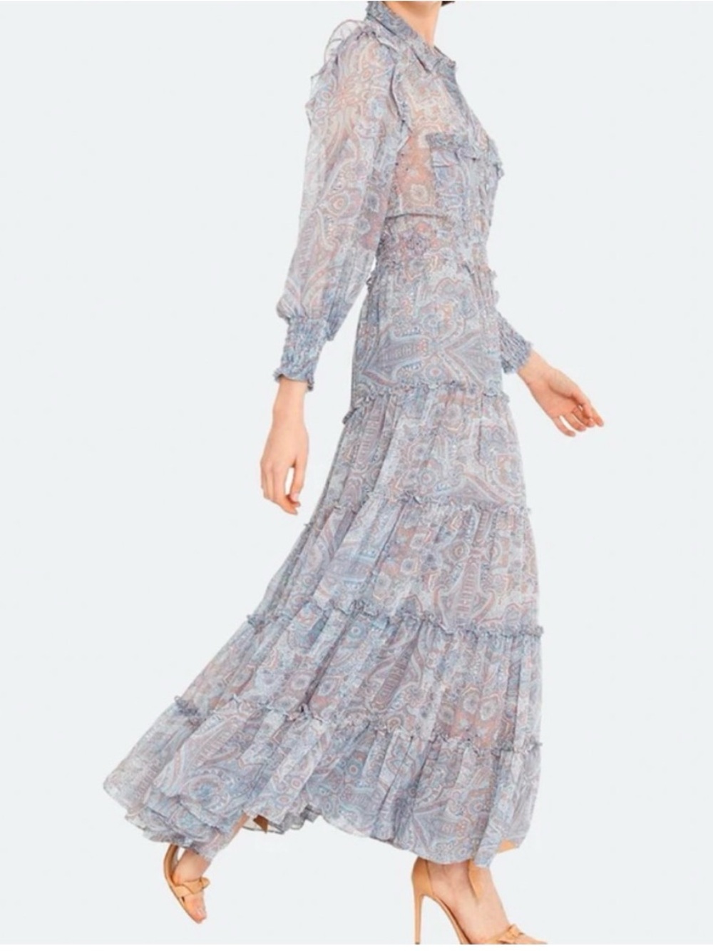 Light Blue Paisley Maxi Dress with Tiered Skirt - Picture 3 of 7